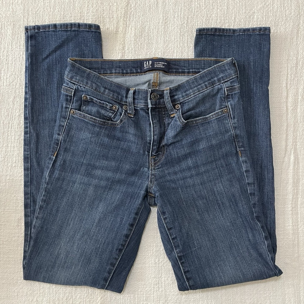 GAP Classic Straight Blue Jeans Medium‎ Wash Women's 4/27 Reg Stretch Denim Mom